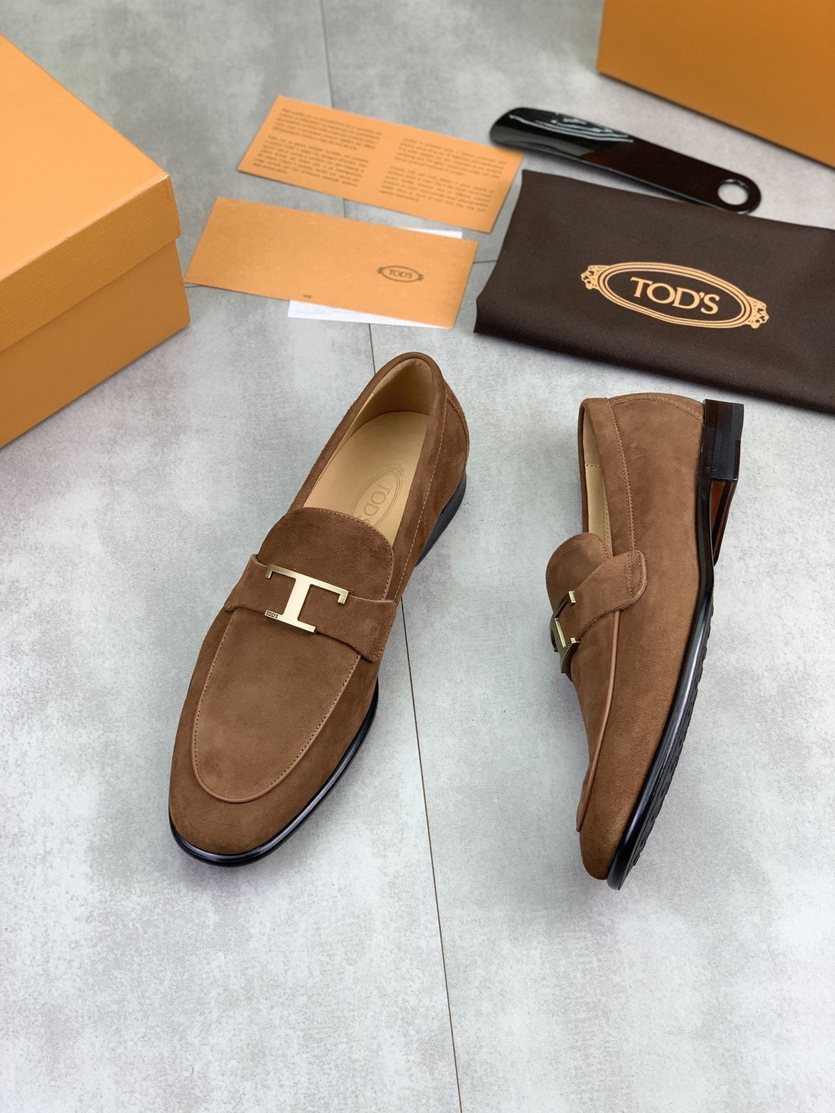 TODS Brown Suede T-Hardware Loafers — side