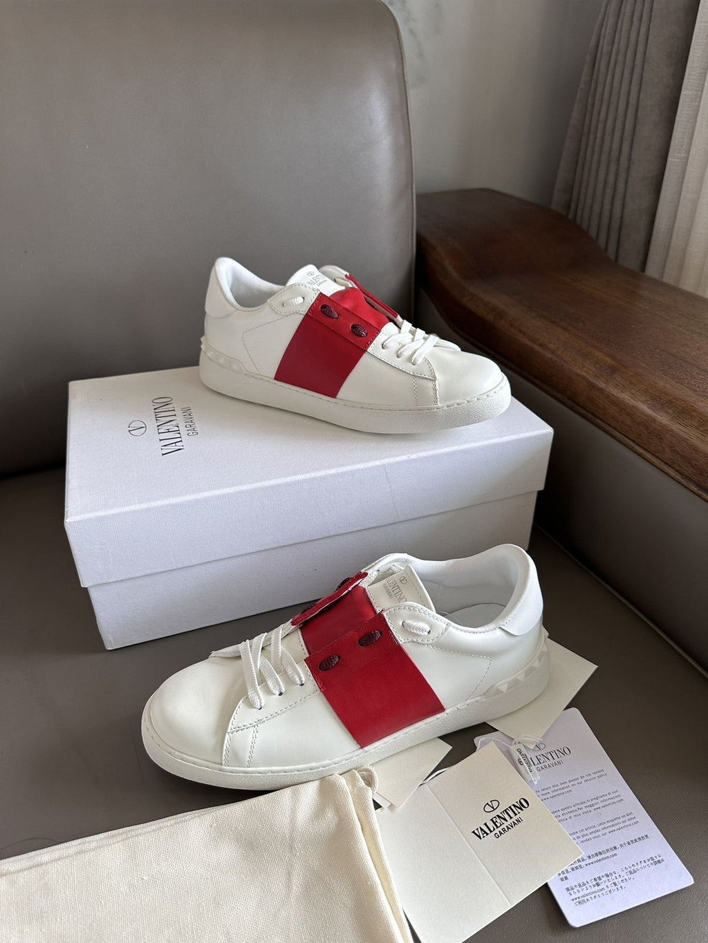 Valentino White and Red Studded Low-Top Sneakers — side