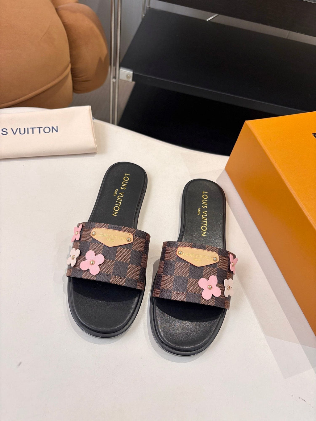 Louis Vuitton Floral Checkered Slide Sandals — hero