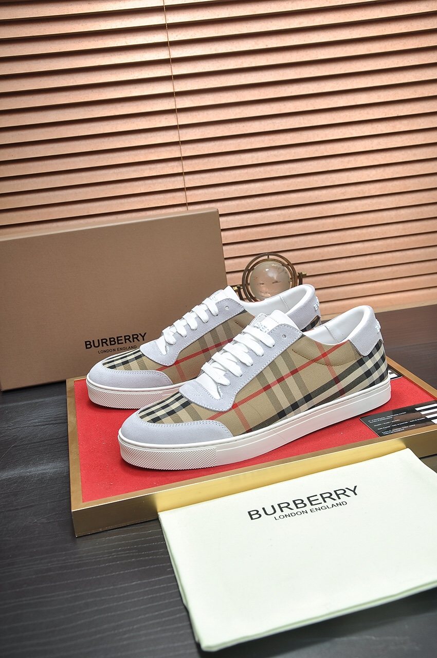 Burberry White and Beige Plaid Low-Top Sneakers — side