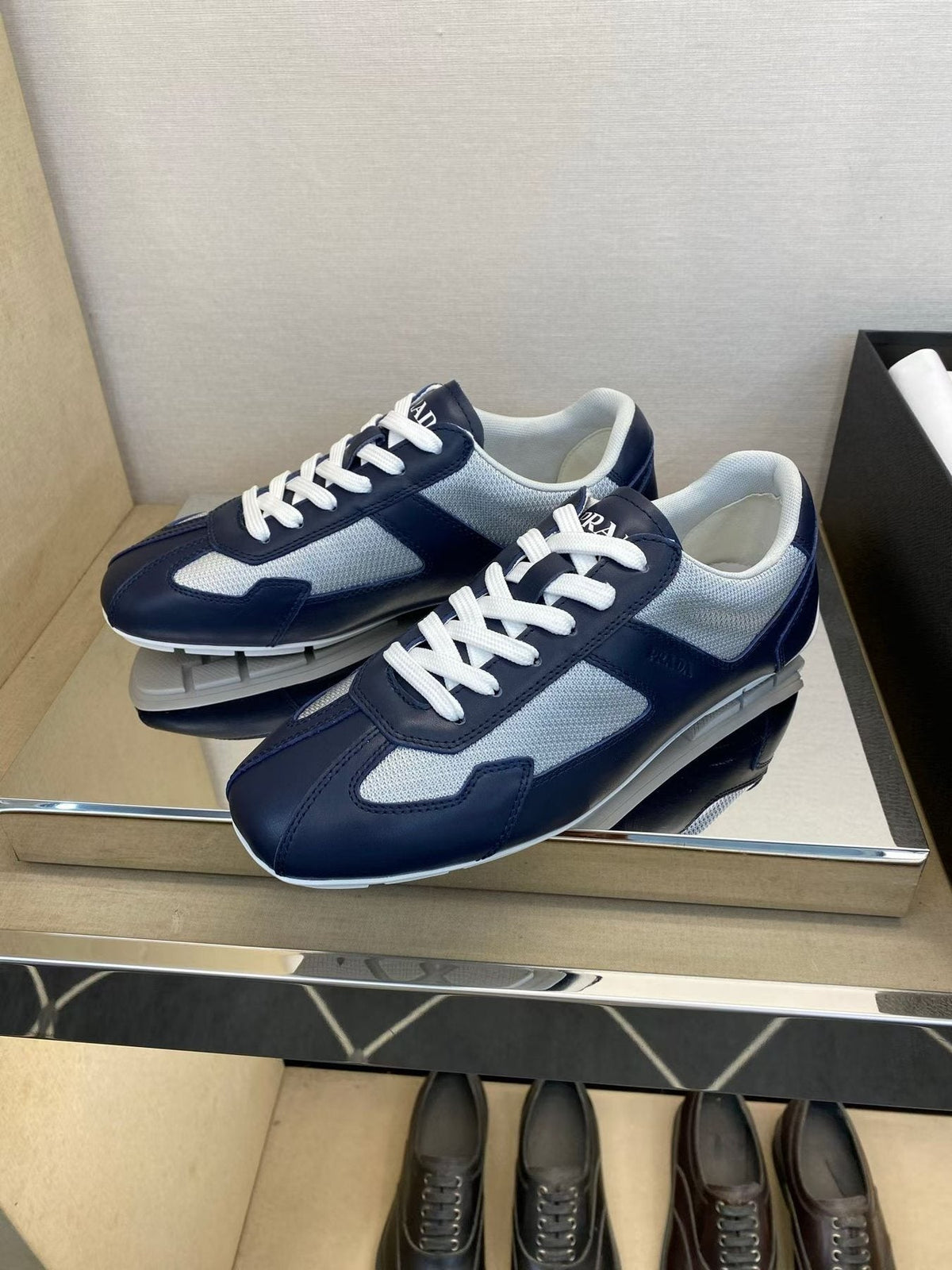 Prada Navy Blue Panel Low-Top Sneakers — side