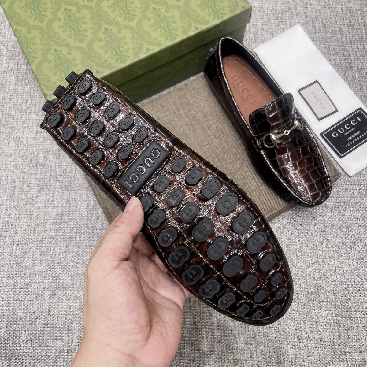 Gucci Dark Brown Horsebit Loafers — detail