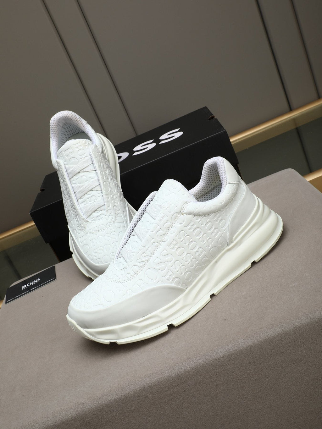BOSS White Embossed Low-Top Sneakers — front