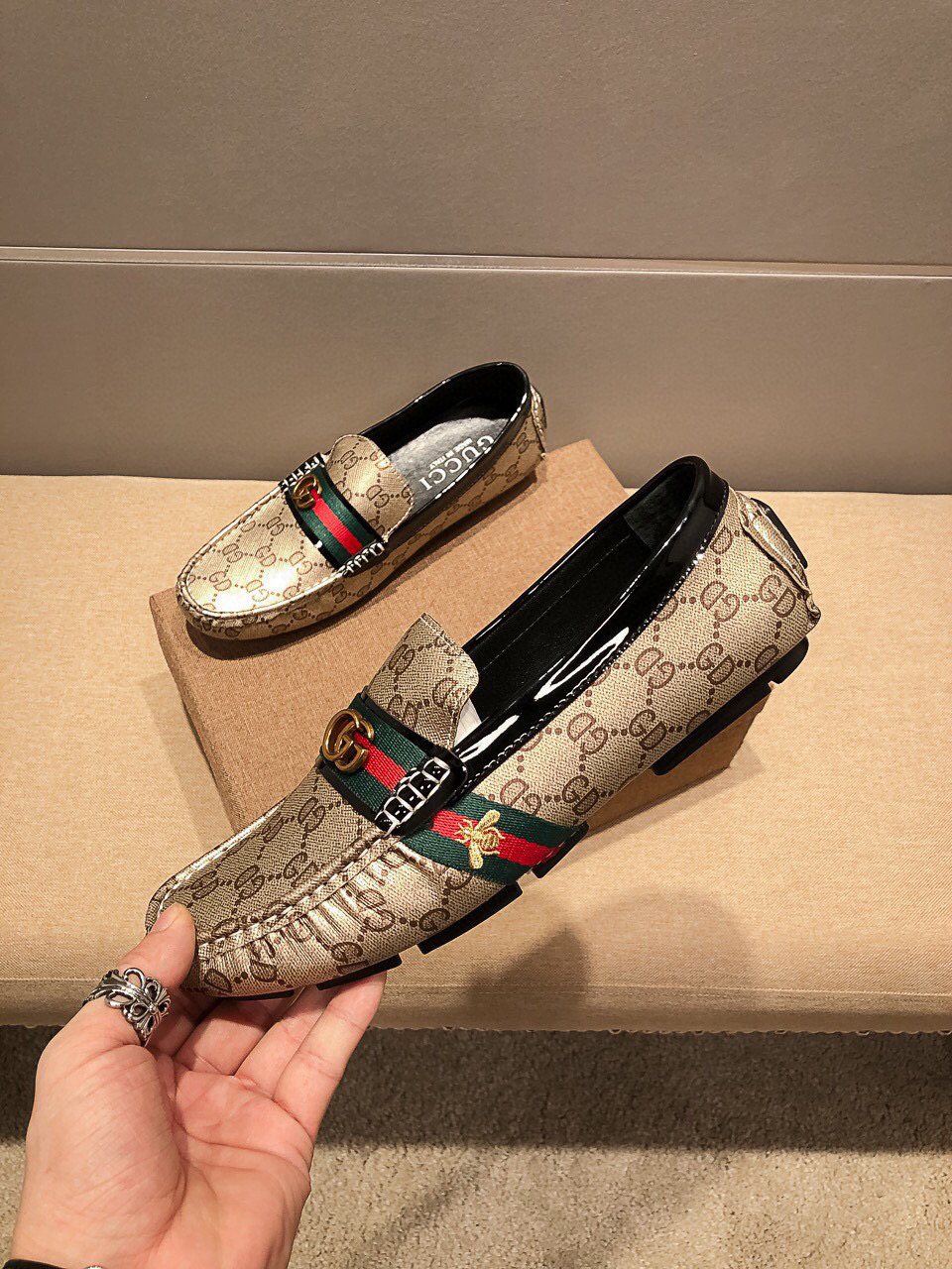 Gucci Beige Web Loafers — model