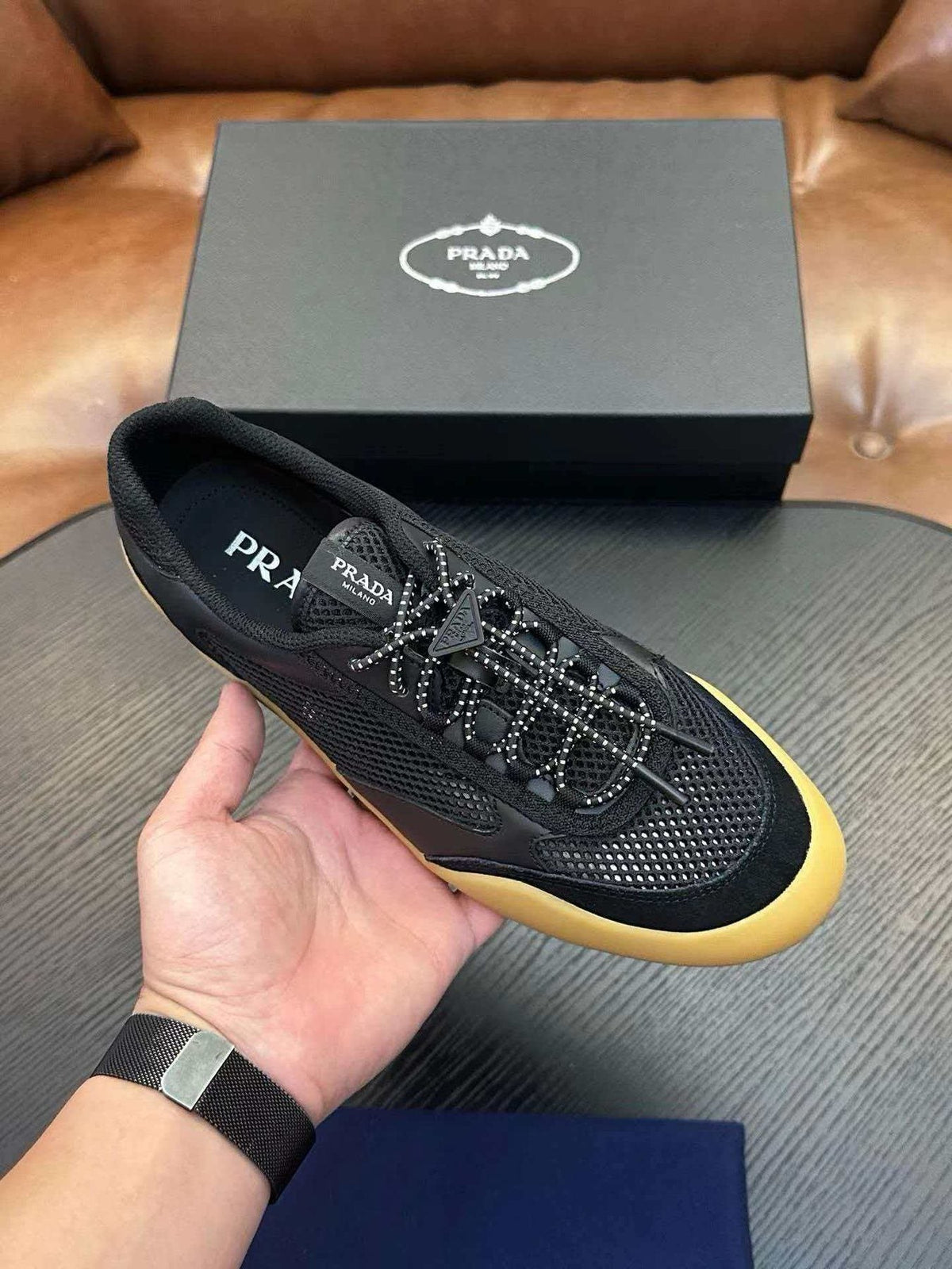 Prada Black Sneakers with Yellow Sole — side
