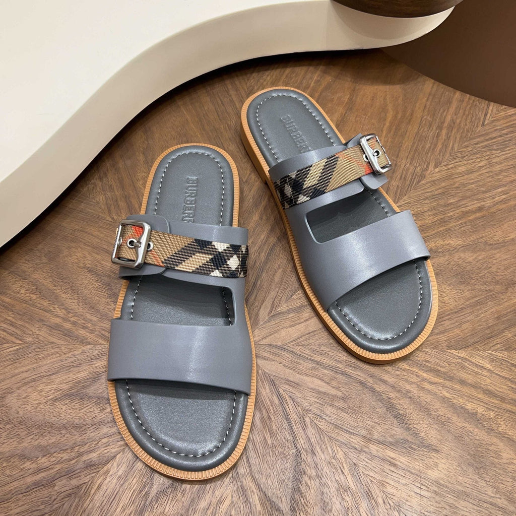Burberry Plaid Buckle Slide Sandals — front