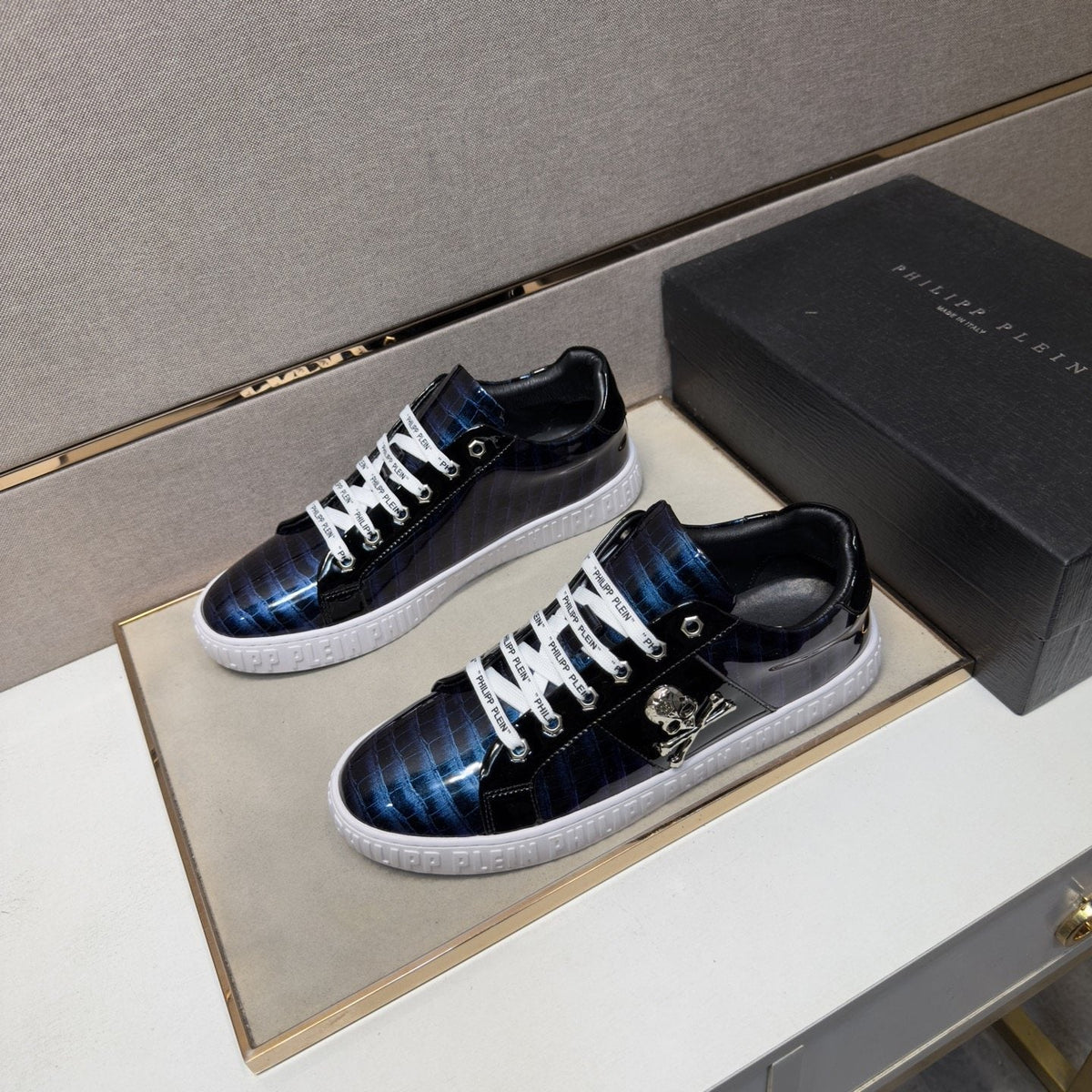 Philipp Plein Black and Gray Plaid Low-Top Sneakers — side