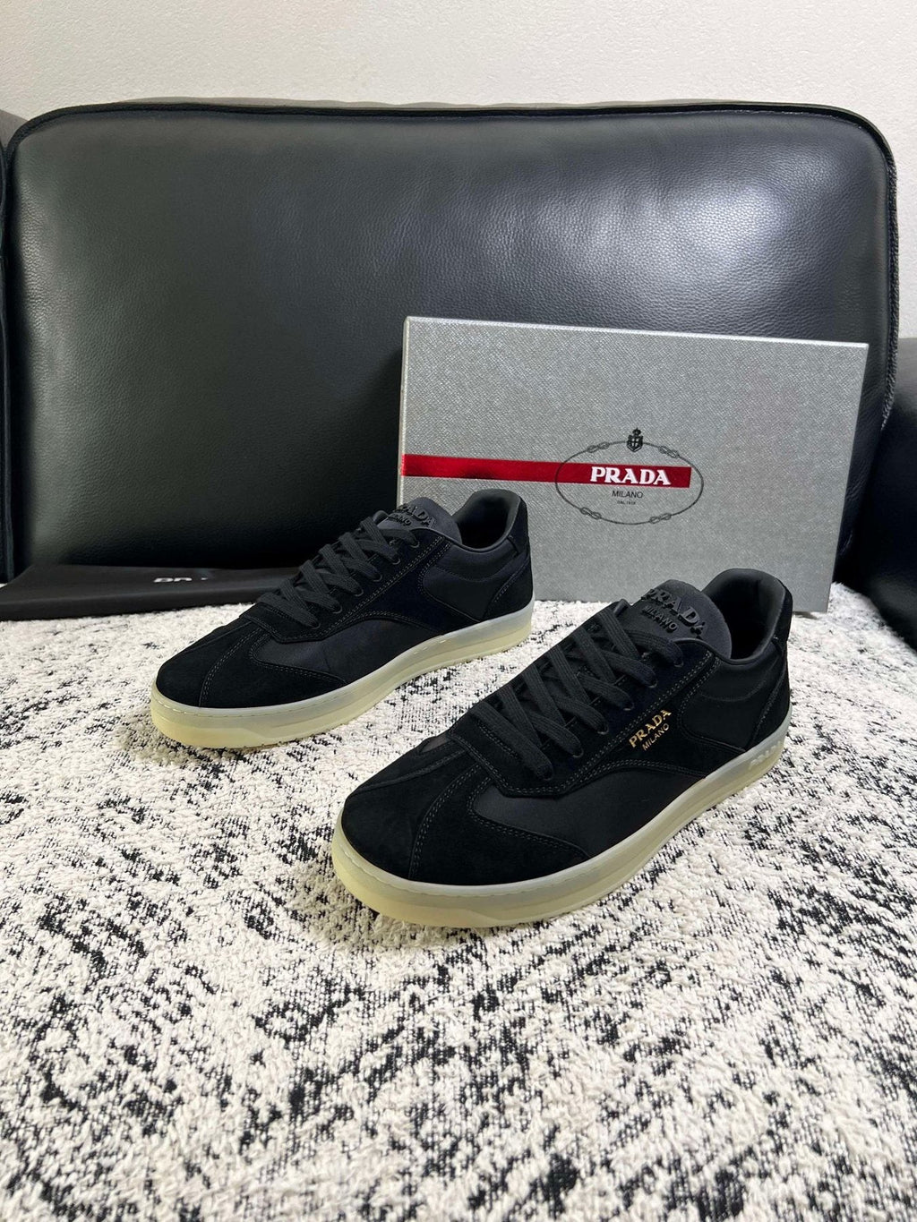 Prada Off-White Beige Low-Top Sneakers — front