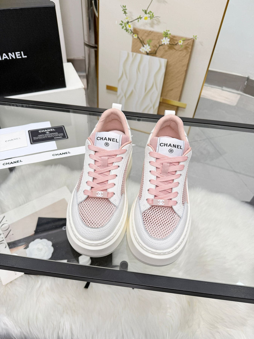 CHANEL White Platform Low-Top Sneakers — front