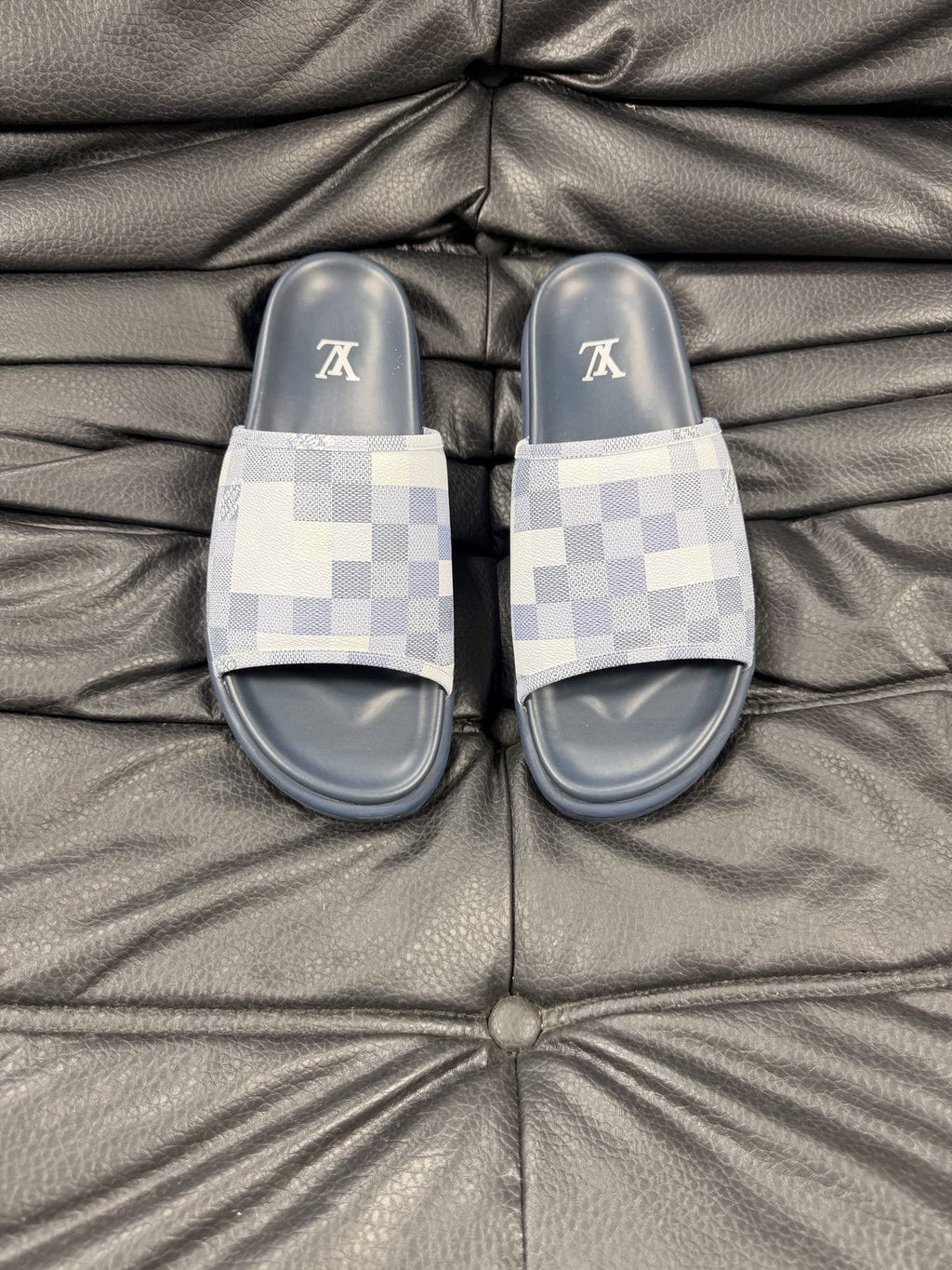 Louis Vuitton Blue Checkerboard Slide Sandals — front