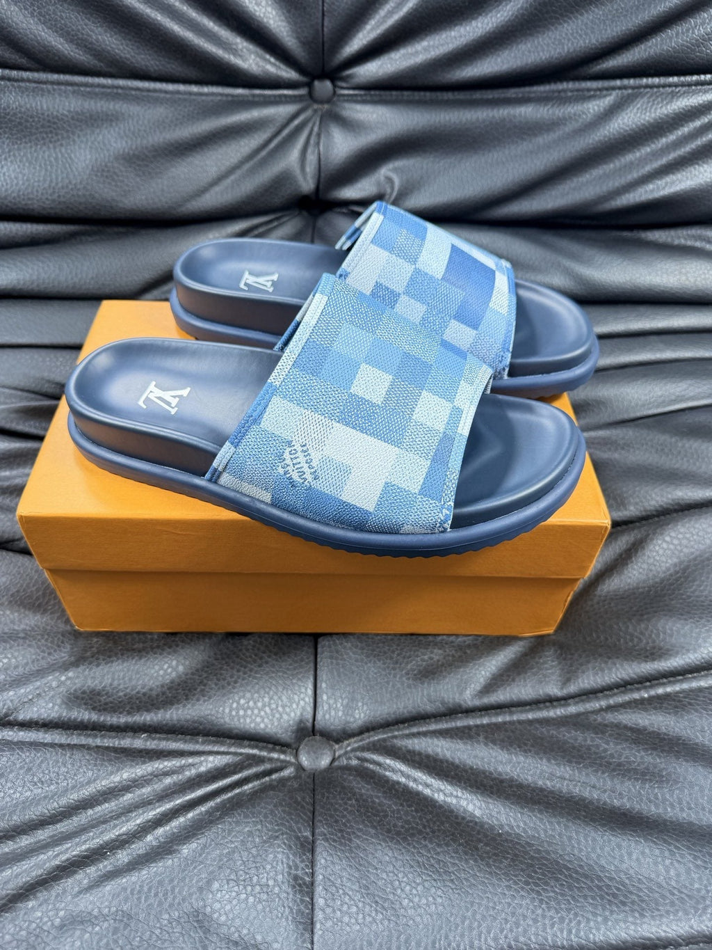 Louis Vuitton Blue Checkerboard Slide Sandals — hero