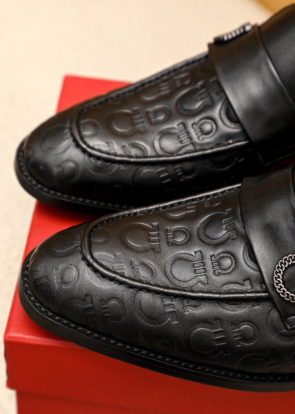 Ferragamo Embossed Buckle Loafers — detail