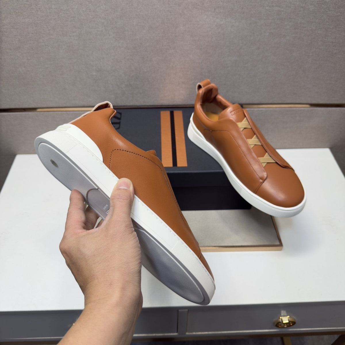 ZEGNA Brown Leather Slip-On Sneakers — model