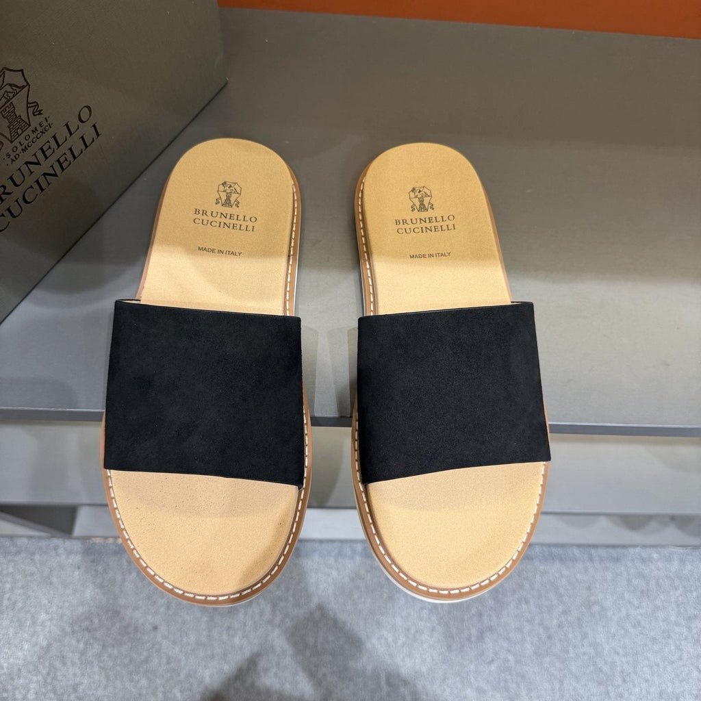 Brunello Cucinelli Wide-Strap Slide Sandals — front