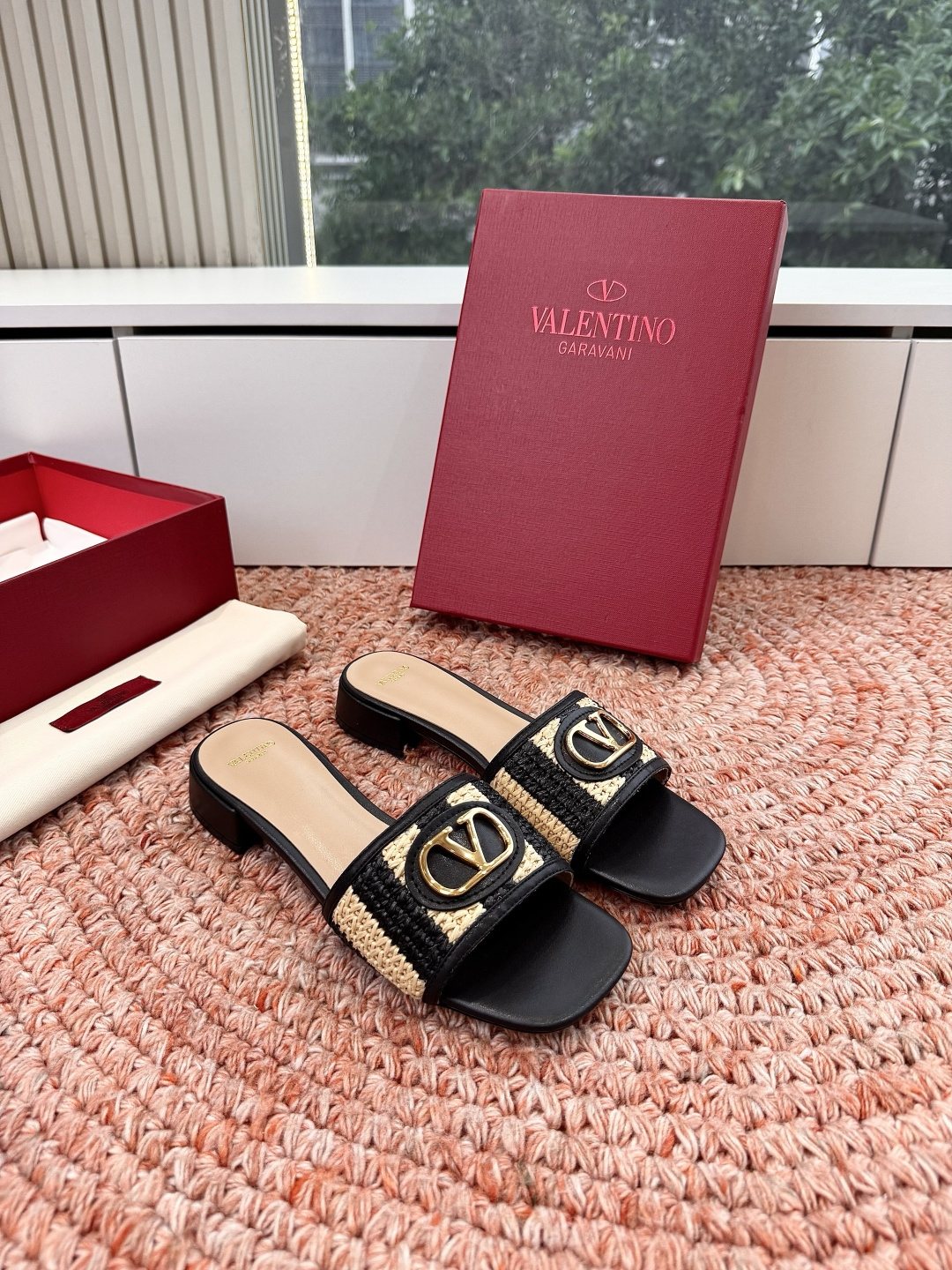 Valentino Brown Woven Strap Slide Sandals — front