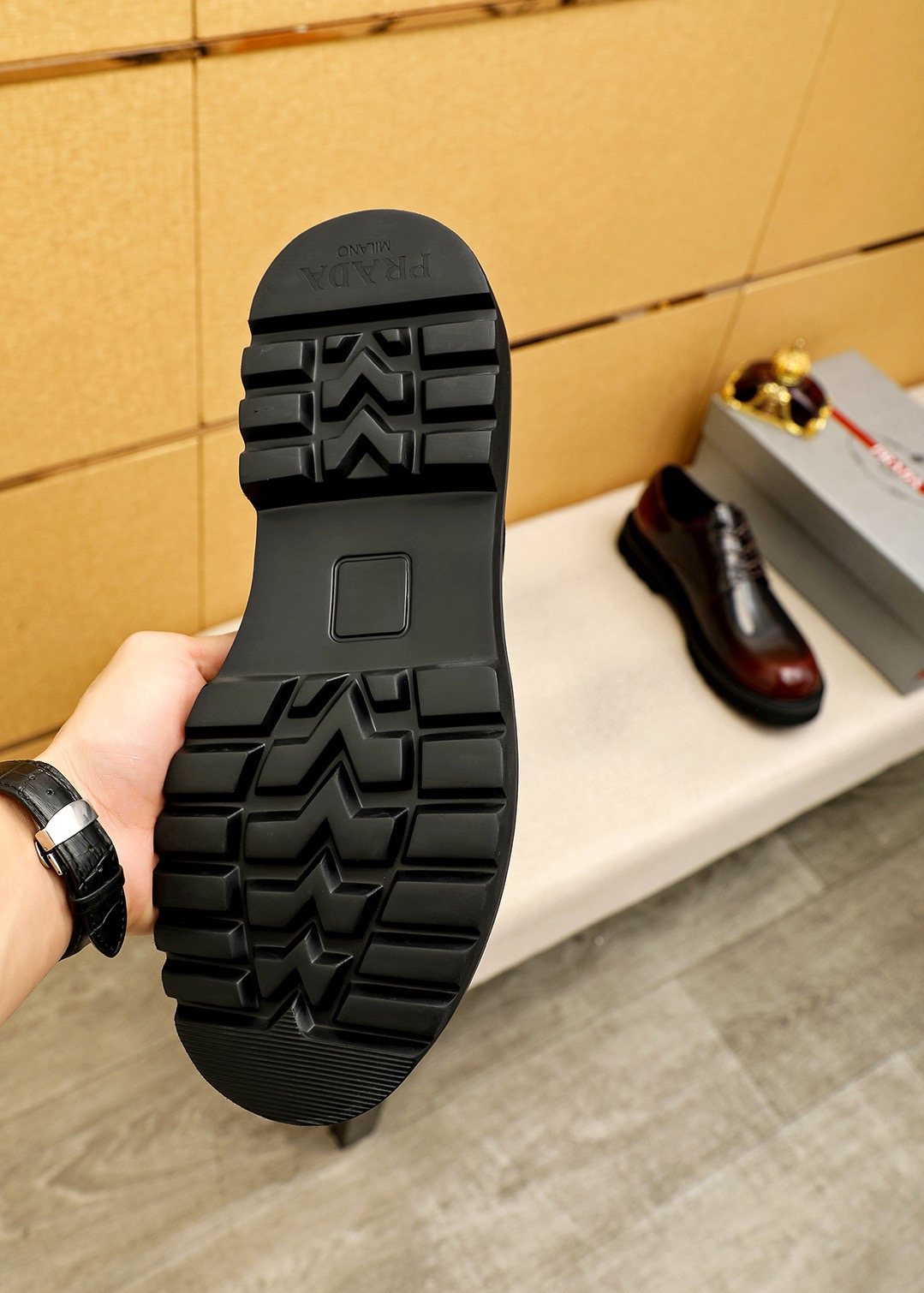 PRADA Glossy Lug Sole Derby Shoes — detail