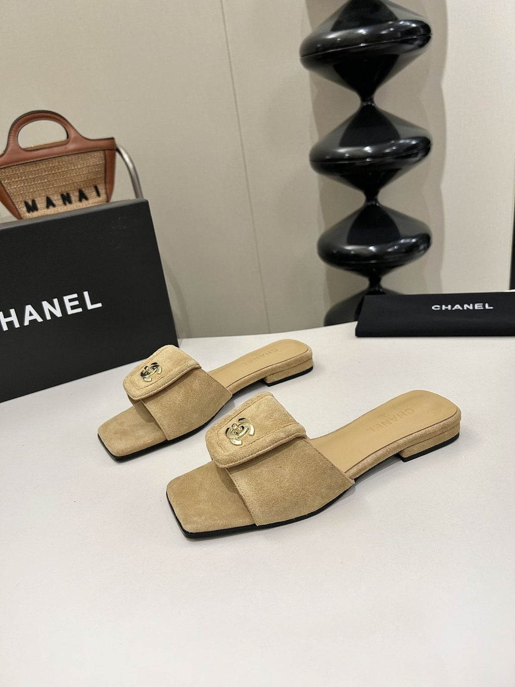 Chanel Square-Toe Emblem Slide Sandals — front