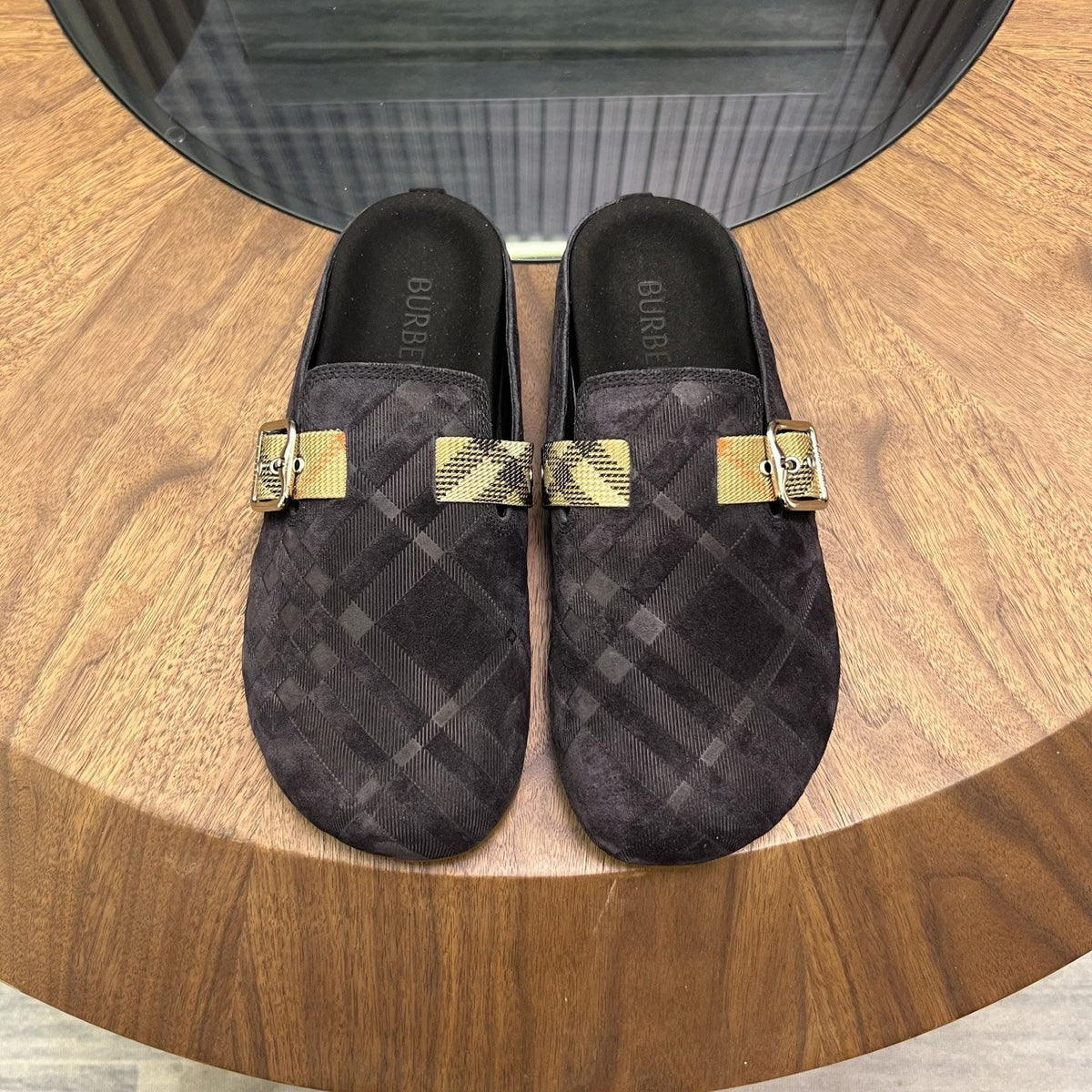 Burberry Brown Plaid Buckle Mule Slippers — front